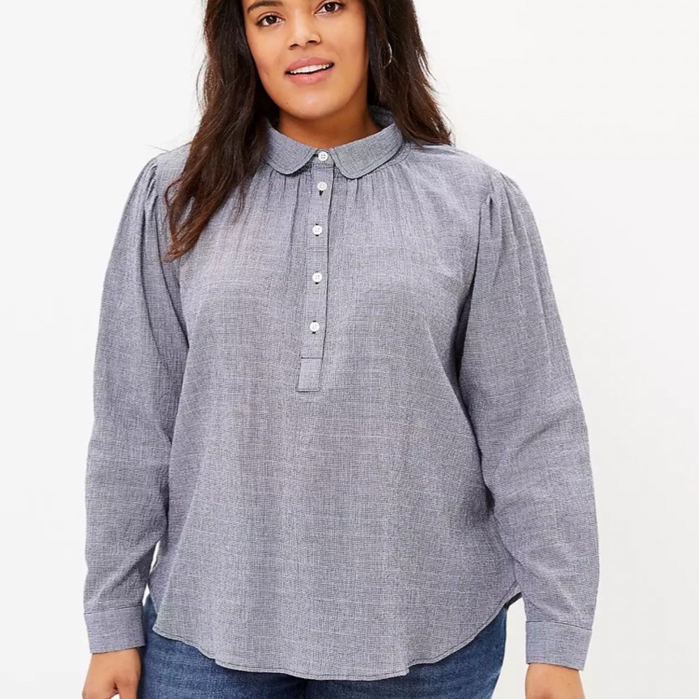 LOFT Collared Popover Blouse in Navy and White Pinstripes